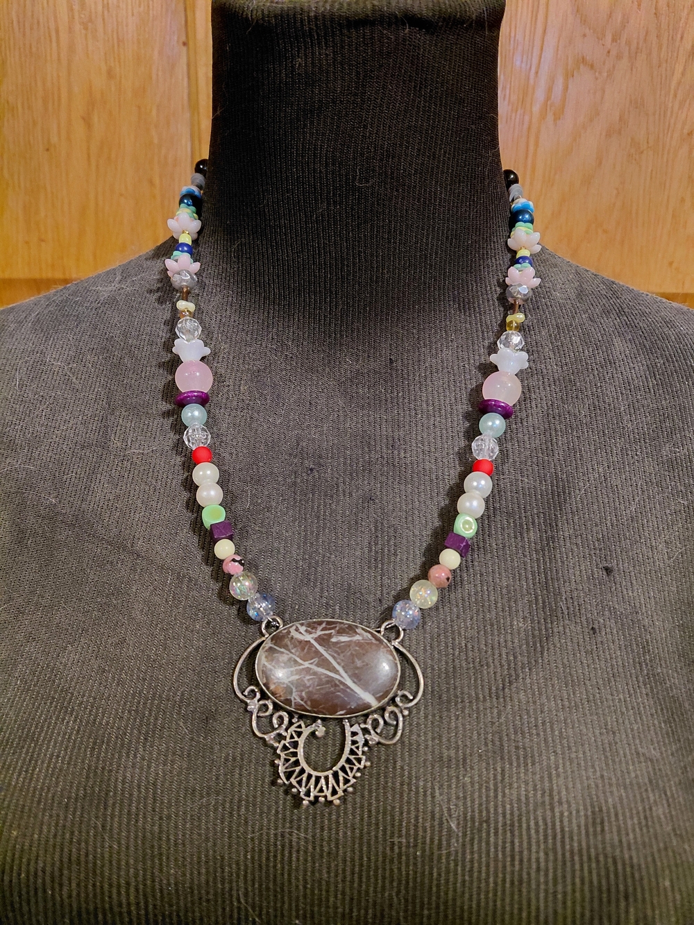 Multicolor Beaded Necklace with Brown Stone Pendant by